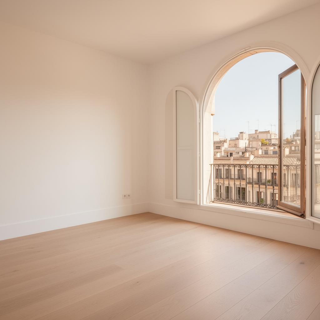 Empty Mediterranean apartment with arched window