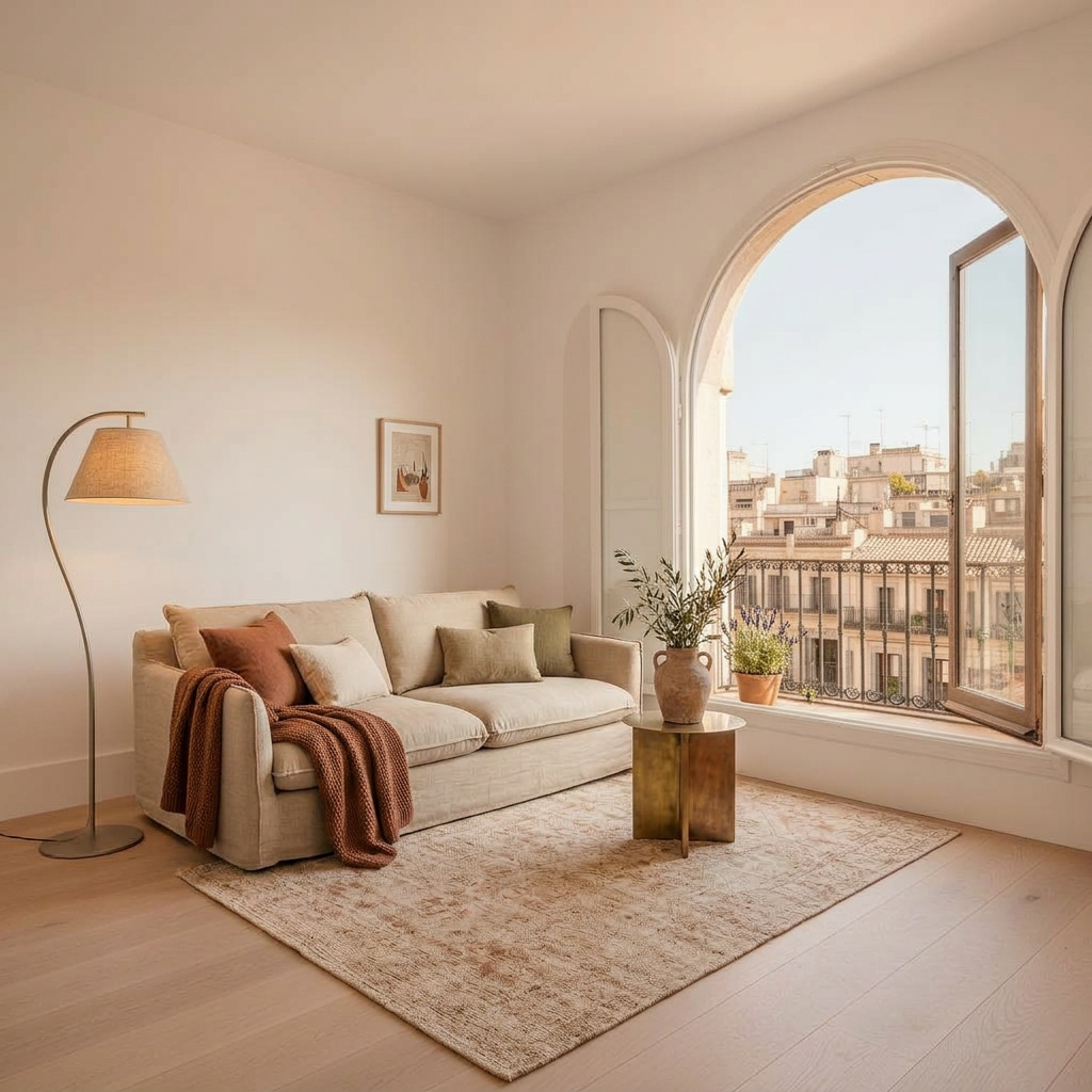 Same apartment elegantly staged with minimal furniture